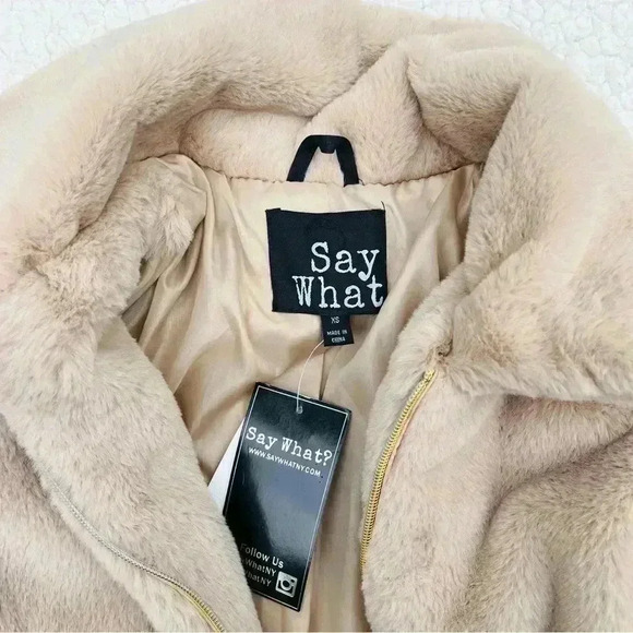 NWT Say What? Beige Faux-Fur Plush Bomber Zip Jacket Size XS - Picture 8 of 13